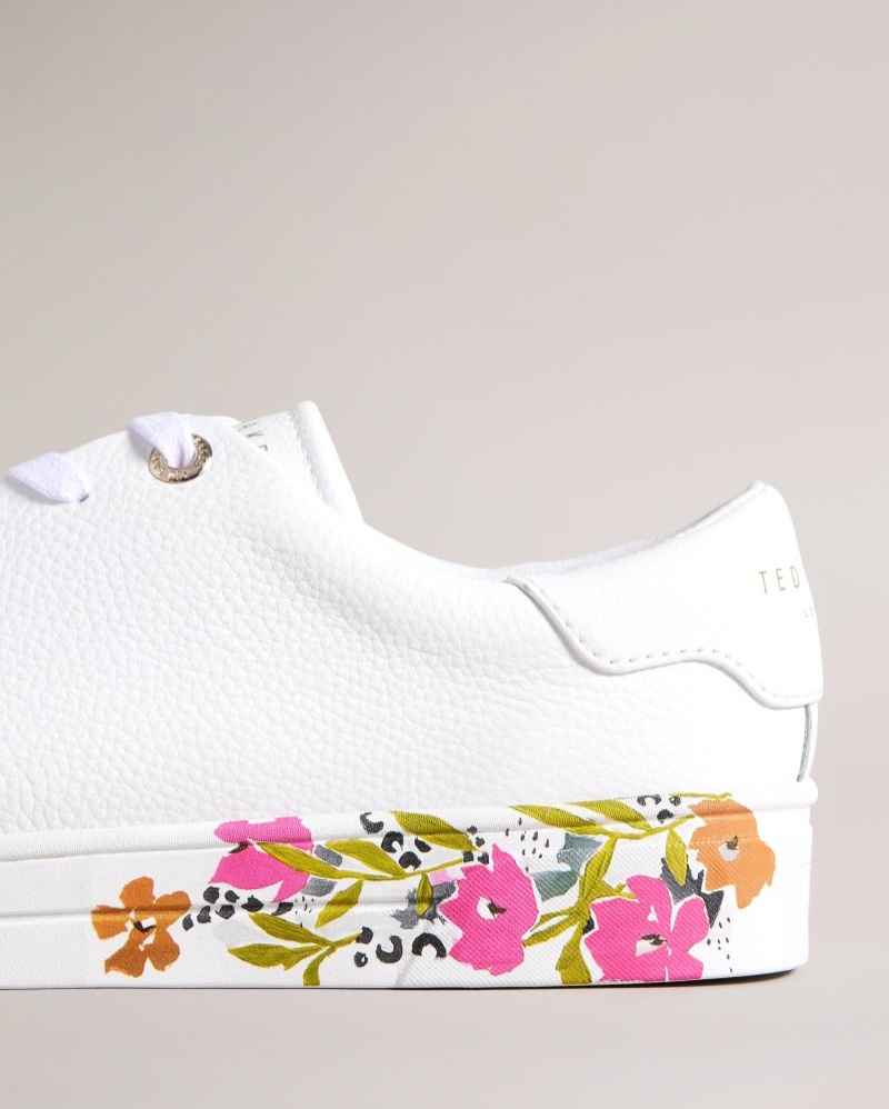 White Women's Ted Baker Sheliie Floral Sole Leather Cupsole Trainer Price In India | K6Q-7556